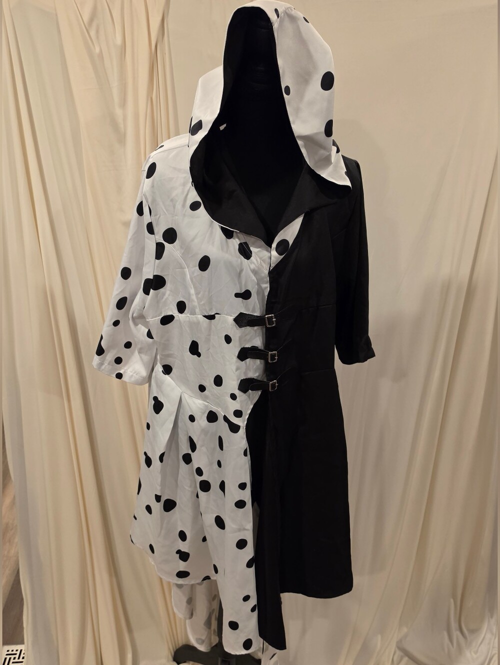 Cruella De Vil Costume Coat Dress Hooded Split Dalmatian 2XL Cosplay Halloween